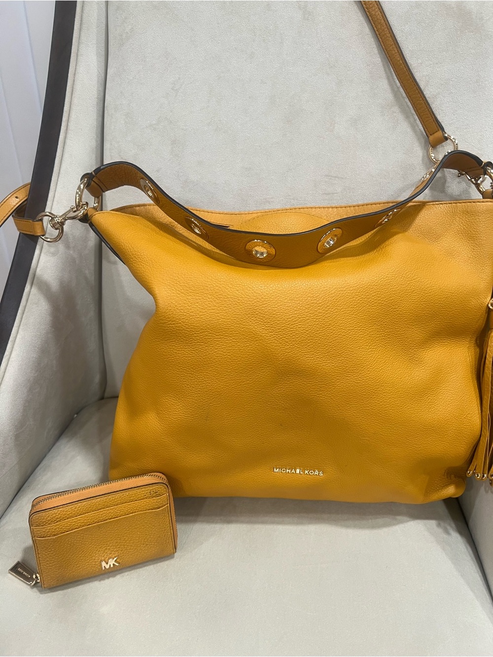 Michael Kors Yellow Leather Shoulder Bag with Matching Card Case